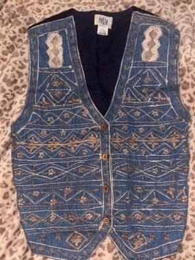Vintage 90s Pasta Blue Embroidered Metallic-Thread Vest with Gold Accents